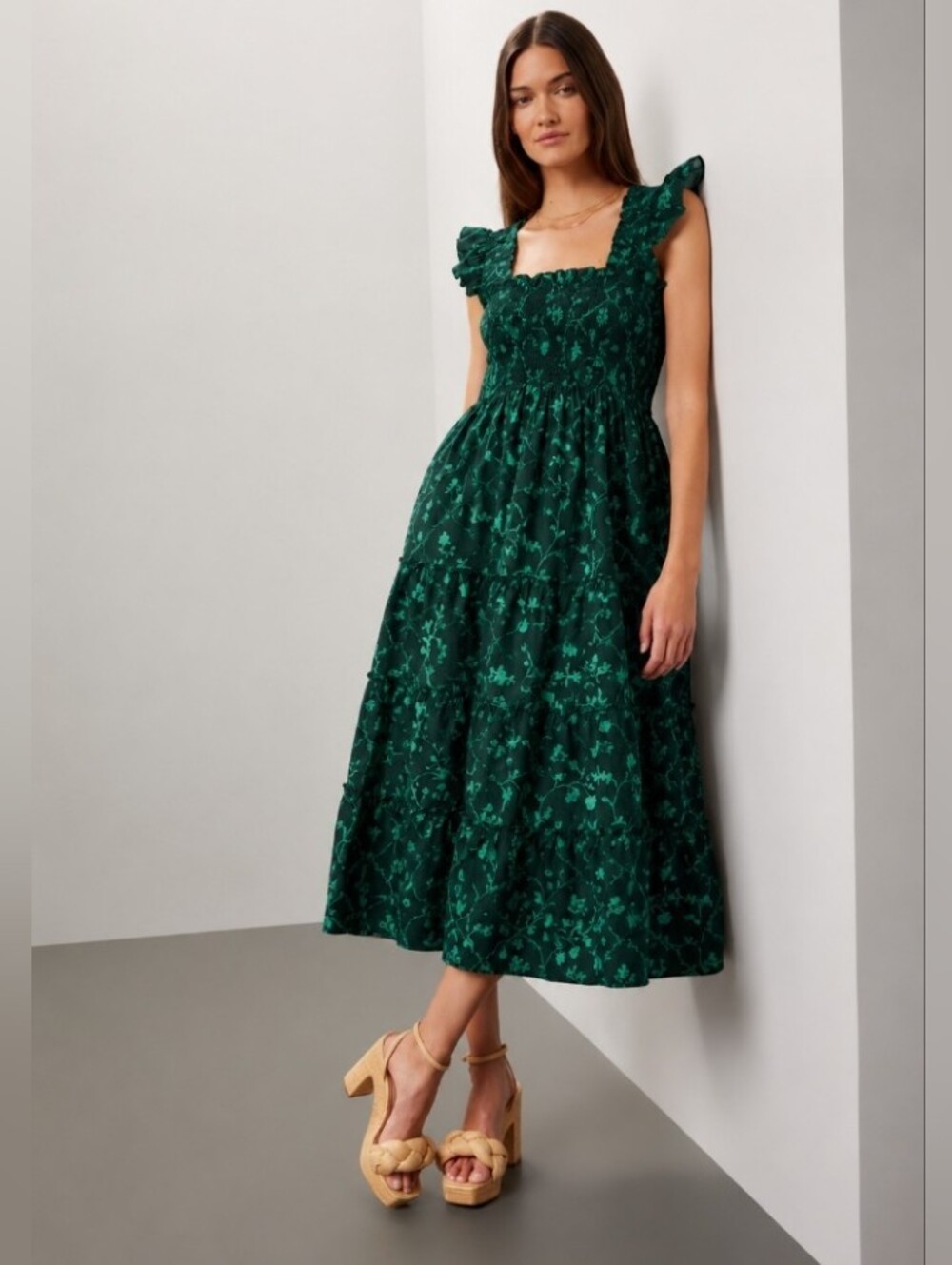 Hill House The Ellie Nap Dress Green Floral Smocked Ruffled Midi Size M - Picture 2 of 9